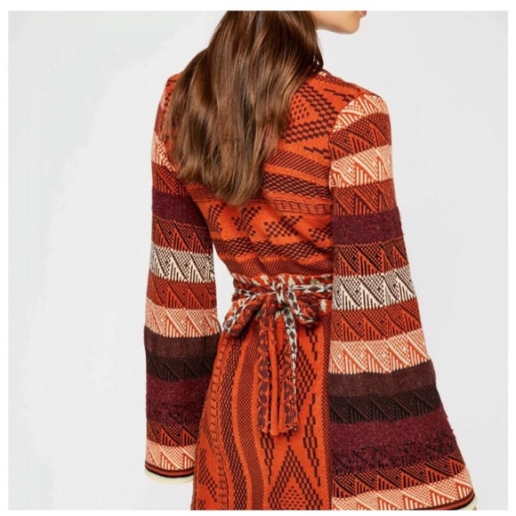 Free People Orange Pattern Bell Long Sleeve Knit Sweater Dress - Picture 2 of 7